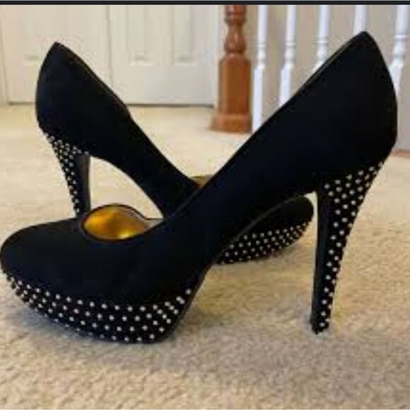 BRAND NEW NINE WEST D'ORSAY HIGH HEEL STILETTOS GOLD STUDDED EMBELLISHMENTS SHOE - Picture 1 of 14